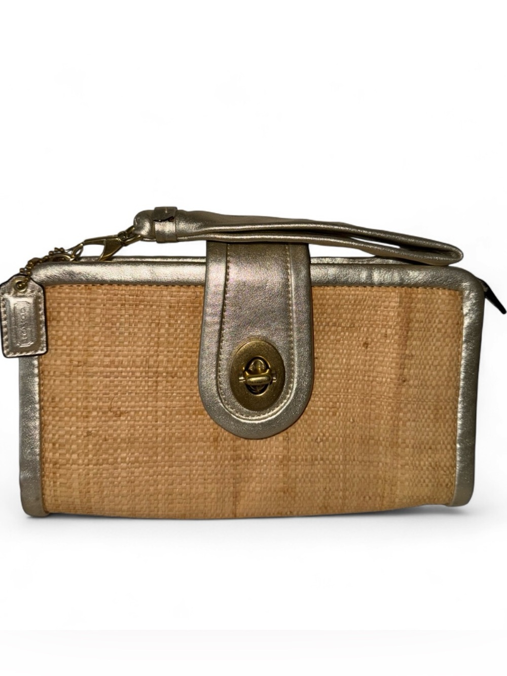 Coach Parker Neutral Woven Straw Metallic Gold Trim Turnlock Wristlet Clutch